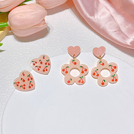 Pink love geometric print cherry acrylic earrings women s925 silver needle cute earrings