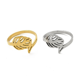 201 Stainless Steel Finger Rings, Hollow Out Leaf Wide Band Rings for Women