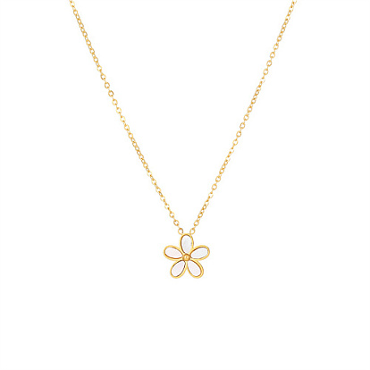 Stainless Steel Cable Chain Necklaces, Shell Flower Pendant Necklace for Women