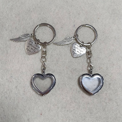 2Pcs Heart & Wing Alloy Glass Pet Hair Memorial Locket Keychains, with 2Pcs Split Key Rings & Velvet Pouches