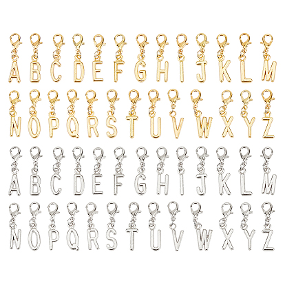 208 pièces 2 couleurs alliage lettres a~z pendentifs décoratifs, avec fermoir pince de homard