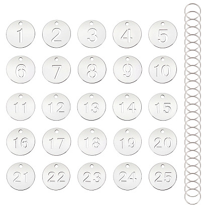 25 шт. плоские круглые с цифрой 1~25 подвески из нержавеющей стали, с 25шт. кольцами