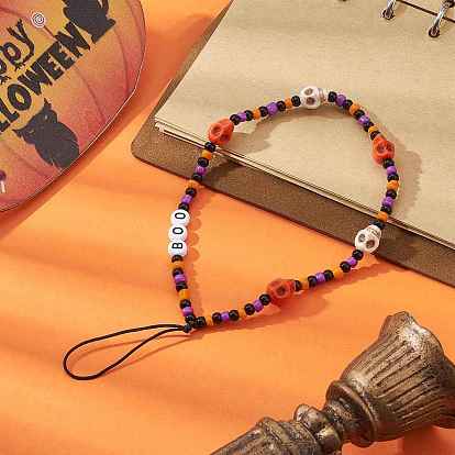 Halloween Glass Beaded Mobile Straps, with Synthetic Turquoise Beads, Nylon Thread Anti-Lost Mobile Accessories Decoration, Word Boo/Skull