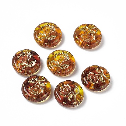 Golden Metal Enlaced Acrylic Beads, Flat Round with Flower