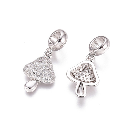 Brass Micro Pave Cubic Zirconia European Dangle Charms, Large Hole Pendants, Mushroom, Clear