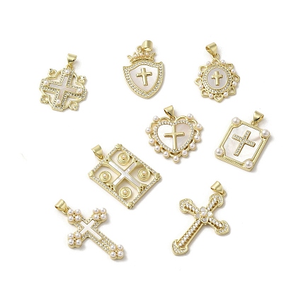 Подвески из латунных ракушек, Религиозные подвески-крестики с искусственным жемчугом из пресса, реальный 18 k позолоченный