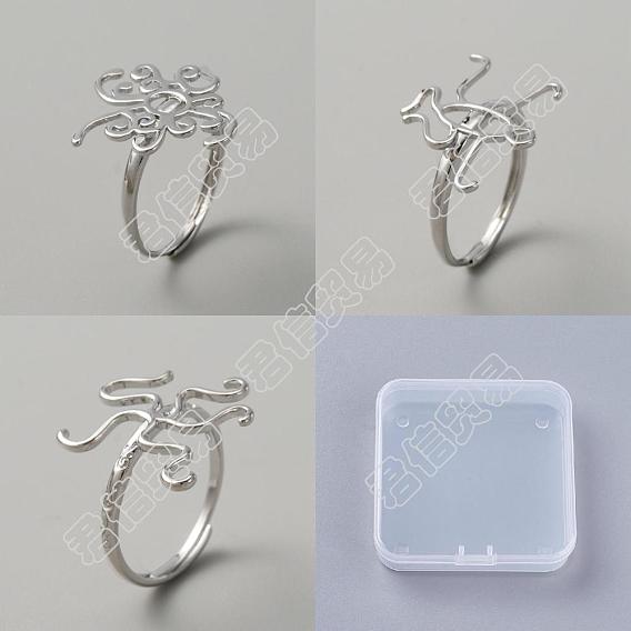 6Pcs 3 Style Adjustable Brass Finger Ring Components, Flower Filigree Ring Settings