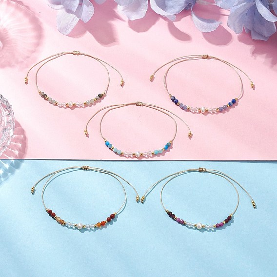 Регулируемые браслеты из натурального мохового агата, зеленого авантюрина и кварцевого кристалла с плетением для женщин, рондель, с вощеной нейлоновой нитью и бусинами из натурального культивированного пресноводного жемчуга