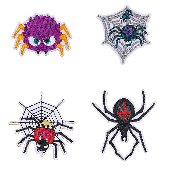8Pcs 4 Styles Halloween Spider & Spider Web Polyester Computerized Embroidery Sew on Cloth Patches
