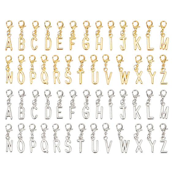 208 pièces 2 couleurs alliage lettres a~z pendentifs décoratifs, avec fermoir pince de homard