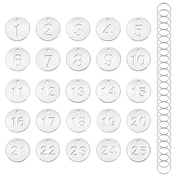 25 шт. плоские круглые с цифрой 1~25 подвески из нержавеющей стали, с 25шт. кольцами