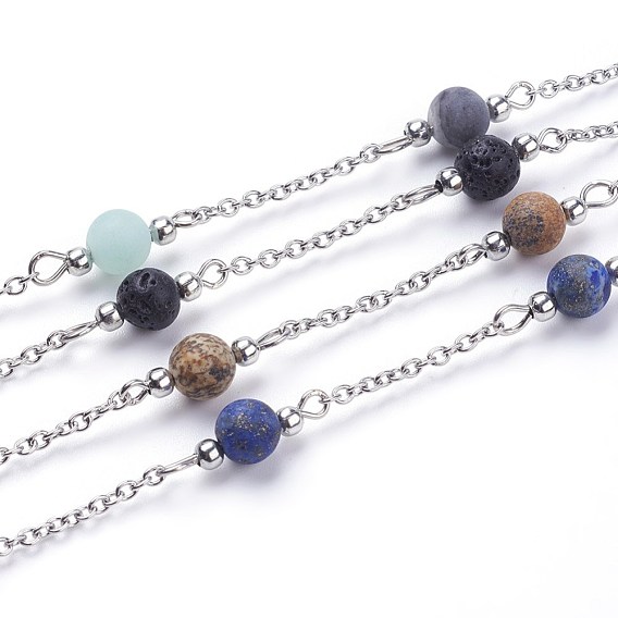 Handmade Beaded Chains, Unwelded, with Natural Gemstone and Iron Needle