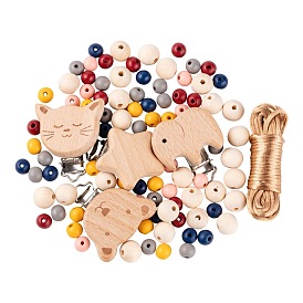 166Pcs 6 Style Painted Round Natural Round Wood Beads, with Star & Bear & Elephant & Cat Head Baby Pacifier Holder Clips and Nylon Cord, for DIY Nipple Clip Making