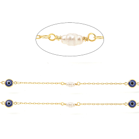 Brass Cable Chains, with Rice Glass and Evil Eyes Enamel, Long-Lasting Plated, Real 18K Gold Plated, Soldered, with Spool