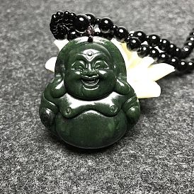 Natural Serpentine Jade Pendant Necklaces, Buddha