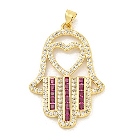 Rack Plating Brass Micro Pave Cubic Zirconia Pendants, Long-Lasting Plated, Lead Free & Cadmium Free, Hamsa Hand with Heart