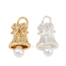 Латунные микро проложить кубического циркония подвески, колокольчик с бантом, с искусственным жемчугом и соединительным кольцом