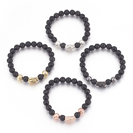 Stretch Bracelets, with Long-Lasting Plated Electroplated Natural Lava Rock, Natural Lava Rock and Brass Cubic Zirconia Beads, Leopard Head
