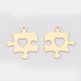 Brass Pendants, Puzzle Piece, Etched Metal Embellishments, Long-Lasting Plated, Puzzle with Heart