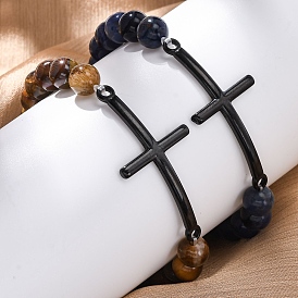 Круглые браслеты из натуральных бусин из драгоценных камней, браслеты из нержавеющей стали с поперечными связями для женщин и мужчин, с синтетическим гематитом