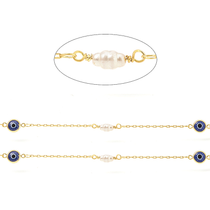 Brass Cable Chains, with Rice Glass and Evil Eyes Enamel, Long-Lasting Plated, Real 18K Gold Plated, Soldered, with Spool