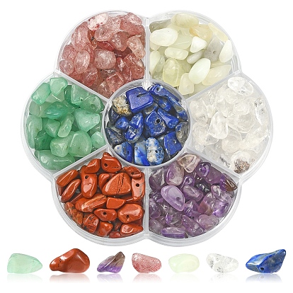70g 7 styles perles de copeaux de pierres précieuses mélangées naturelles, cristal de quartz naturel & aventurine verte & améthyste & jaspe rouge & lapis-lazuli & quartz fraise & nouveau jade, mélangé teint et non teint