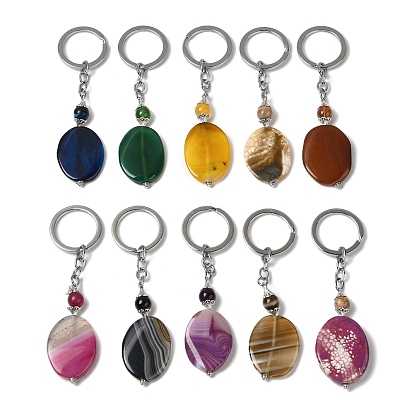 Iron with Alloy Natural Agate Pendant Keychain, Dyed, Oval