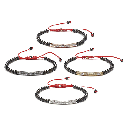 Natural Obsidian Braided Bead Bracelet for Girl Women, Curved Tube Brass Micro Pave Cubic Zirconia Bead Bracelet