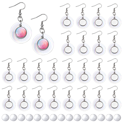 Серьги-подвески из натуральной ракушки капиз, с 304 нержавеющей сталью и плоским круглым подносом и прозрачными стеклянными кабошонами