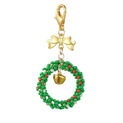 Handmade Seed Beads Christmas Bow Wreath Keychain Pendants Decoration, with Iron Pendants and 304 Stainless Steel Findings, Loom Pattern