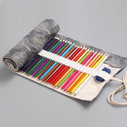 Tree Pattern Handmade Canvas Pencil Roll Wrap, Roll Up Pencil Case for Coloring Pencil Holder