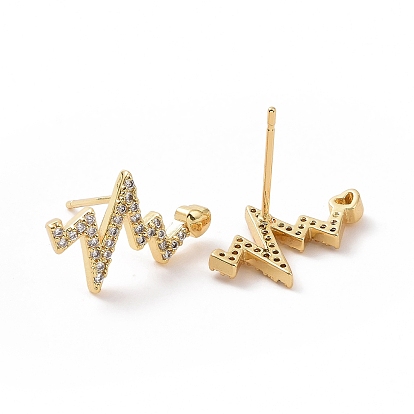 Clear Cubic Zirconia Heart Beat Stud Earrings, Brass Jewelry for Women