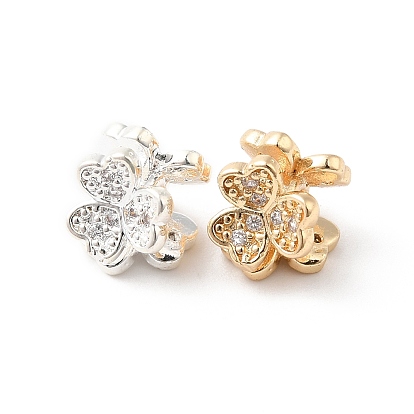 Rack Plating Brass Micro Pave Clear Cubic Zirconia Clover Beads, Long-Lasting Plated, Lead Free & Cadmium Free