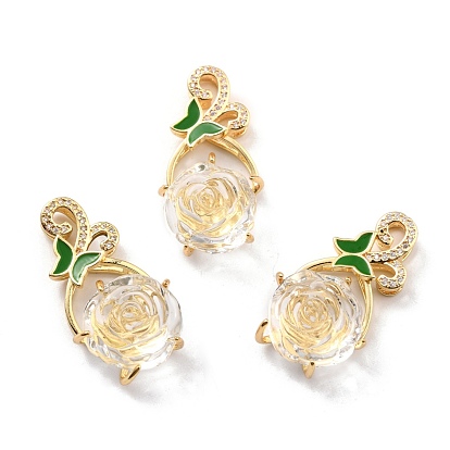 Rack Plating Brass Glass Pendants, with Clear Cubic Zirconia and Green Enamel, Real 18K Gold Plated, Rose