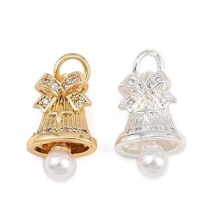 Латунные микро проложить кубического циркония подвески, колокольчик с бантом, с искусственным жемчугом и соединительным кольцом