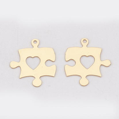 Brass Pendants, Puzzle Piece, Etched Metal Embellishments, Long-Lasting Plated, Puzzle with Heart