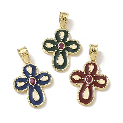 Brass Micro Pave Medium Violet Red Cubic Zirconia Pendants, with Enamel, Cross Charms, Lead Free & Cadmium Free, Long-Lasting Plated, Rack Plating, Real 18K Gold Plated