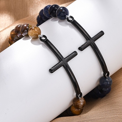 Круглые браслеты из натуральных бусин из драгоценных камней, браслеты из нержавеющей стали с поперечными связями для женщин и мужчин, с синтетическим гематитом