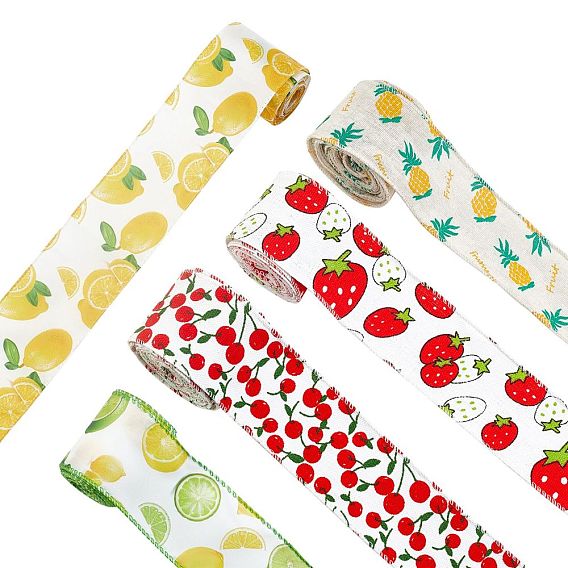 5 Colors Polyester Ribbon, Single Face Fruits Paragraph Pattern, for Gift Wrapping, Floral Bows Crafts Decoration