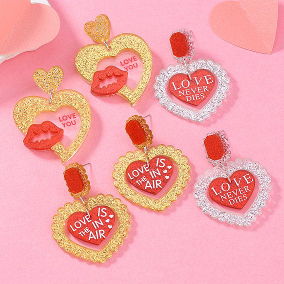 Акриловые серьги-гвоздики в форме сердца на день святого валентина, платина