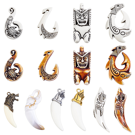 10Pcs 10 Styles Tribal Style Opaque Resin Pendants, with 1Pc Acrylic Big Pendants, 3Pcs 3 Styles Zinc alloy with Acrylic Big Pendants, Mixed Color