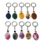 Iron with Alloy Natural Agate Pendant Keychain, Dyed, Oval
