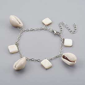 Cowrie Shell Beads Charm Bracelets, with 304 Stainless Steel and Iron Finding