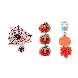 Halloween Theme Opaque Printed Acrylic Pendants, with Iron Jewelry, Pumpkin/Spiderwebs