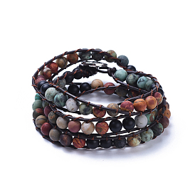 Three Loops Frosted Natural Gemstone Beads Wrap Bracelets, with Cowhide Leather Cord and Zinc Alloy Shank Buttons, with Burlap Packing Pouches Drawstring Bags