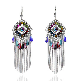 Bohemian Ethnic Metal Tassel Earrings with Exaggerated Long Hollow Diamond Pendant for Women