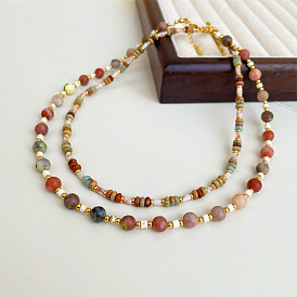 Vintage Dopamine Natural Stone Layered Necklace - Vacation Style, Fashionable, Collarbone Chain.