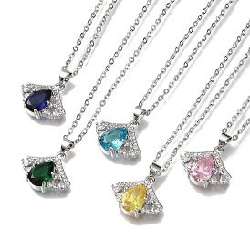 304 Stainless Steel Cable Chain Necklaces, Brass Clear Cubic Zirconia Teardrop Pendant Necklaces, Platinum & Stainless Steel Color