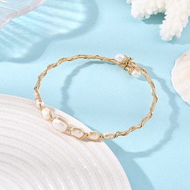 Natural Cultured Freshwater Pearl Rice Graduated Beaded Wire Wrapped Brass Cuff Bangles for Women, White
