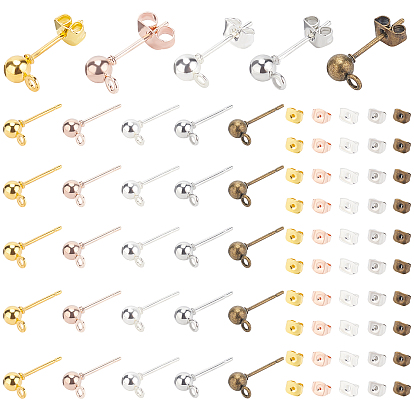 400Pcs 10 Style Iron Ball Stud Earring Findings, with Loop, Nickel Free